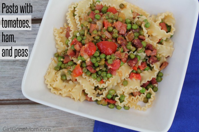 Pasta with Tomatoes, Speck Ham and Peas | Easy Recipe at GirlGoneMom.com