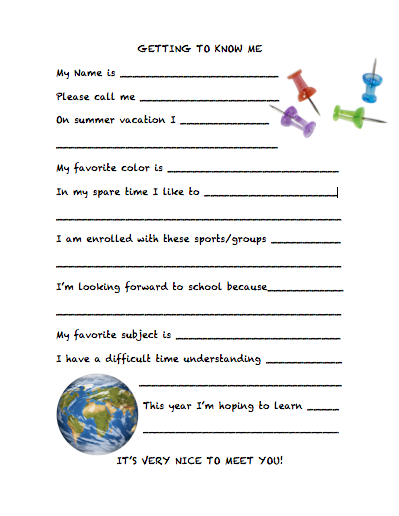 Teacher printable - getting to know student